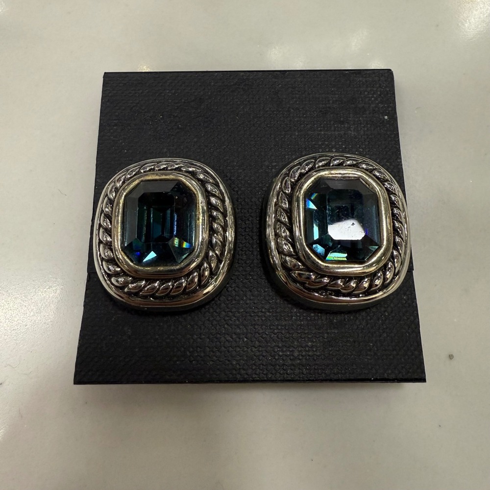 Vintage Silver Tone Clip On Earrings with Emerald Cut Blue Stone